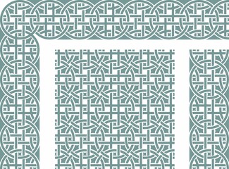 Vintage Scandinavian ornament with weaving circles. Seamless pattern, border and corner. Monochrome vector set