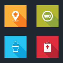 Set Chef hat with location, Toilet, Chicken egg stand and Cookbook icon. Vector