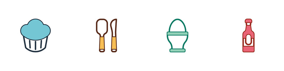 Set Cupcake, Knife and spoon, Chicken egg stand and Wine bottle icon. Vector