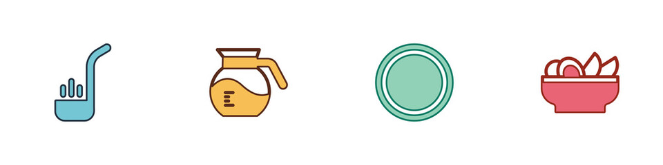 Set Kitchen ladle, Coffee pot, Plate and Nachos in plate icon. Vector