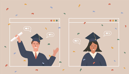 Obraz premium Students having online graduation party and video chat to celebrate ending of studies. Two woman in academic robe and cap having online discussion on computer app screen. Vector online education.