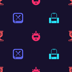 Set Sport bag, Monitor with baseball game, Stopwatch and Award cup on seamless pattern. Vector