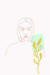 Nude Human Line Vector Background. Plant Beauty Print. White and Pink Women Style Cover. Woman Doodle Illustration.