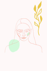 Nude Portrait Doodle Vector Background. Girl Simple Pattern. Peach and Blue Leaf Minimal Print. Contour Geometric Design.