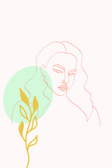 Peach and Blue Head Style Vector Background. Contour Outline Print. Nude Lady Line Poster. People Tropical Concept.