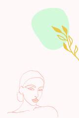 Peach and Blue Leaf Geometric Vector Background. Female Outline Cover. Nude Girl Art Print. Contour Elegant Illustration.