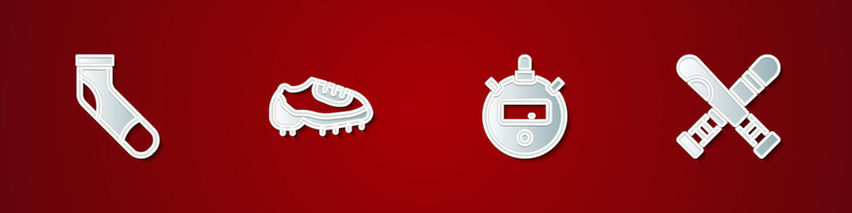 Set Baseball sock, boot, Stopwatch and Crossed baseball bat icon. Vector