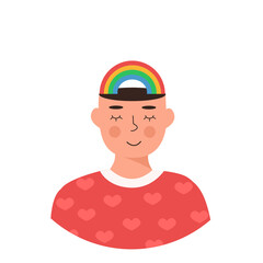 Male happy character with rainbow on head vector flat illustration. LGBT Man or woman with close eyes. Positive thinking concept, self care, healthy slow life. Gay person. Hippie culture. Meditation.