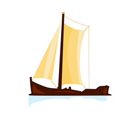 Sailboat isolated on white background. Yacht or sailing ship with yellow sails. Vintage fishing boat. Old sail vessel. Nautical worldwide yachting or traveling. Sea journey symbol. Vector illustration
