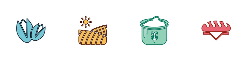 Set Pistachio nuts, Agriculture wheat field, Bag of flour and Bread loaf icon. Vector