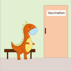 Cartoon illustration of a dinosaur going to a vaccination clinic in a mask