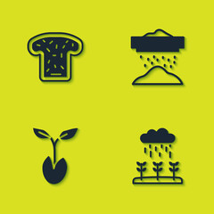 Set Bread toast, Plant sprouts grow in the rain, Sprout and Sifting flour icon. Vector