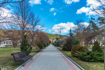 Panoramic view of Lake Abrau Durso in Krasnodar Krai, Russia.