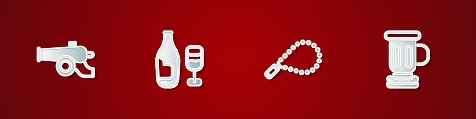 Set Ramadan cannon, Wine bottle with glass, Rosary beads religion and Medieval goblet icon. Vector