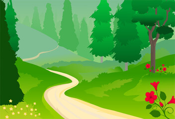 Fototapeta premium Beautiful summer forest background with pine trees and flowers