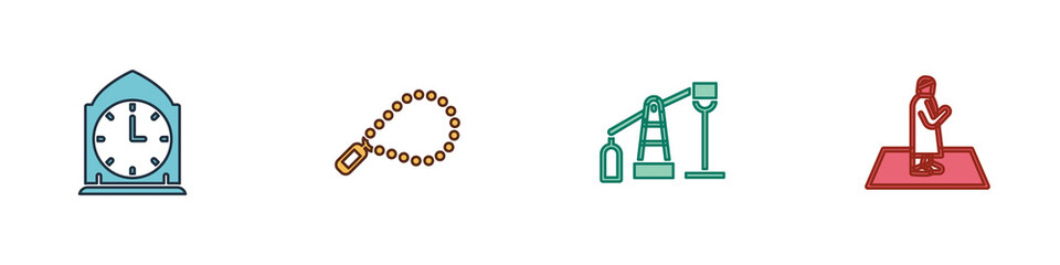 Set Clock, Rosary beads religion, Oil pump or pump jack and Muslim man prays icon. Vector