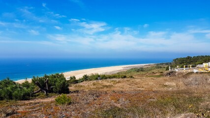 Fototapeta na wymiar Beautiful landscape. Top view to amazing Atlantic Ocean shore. Wonderful view with azure clear water