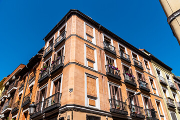 Low Angle View Of Residential Buildings in Historic Centre of Madrid. Quarter of Las Letras