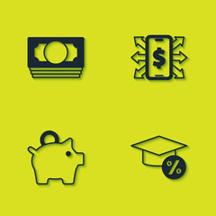 Set Stacks paper money cash, Graduation cap and coin, Piggy bank and Smartphone with dollar icon. Vector