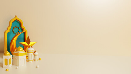 3d render of Mosque, lantern, moon and star miniature for ramadan 