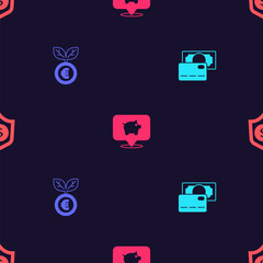 Set Credit card, Euro plant, Piggy bank and Shield with dollar on seamless pattern. Vector