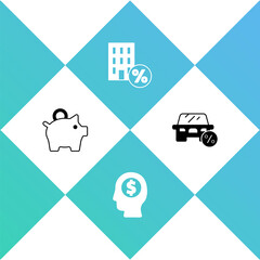 Set Piggy bank, Business man planning mind, House with percant discount and Car leasing percent icon. Vector
