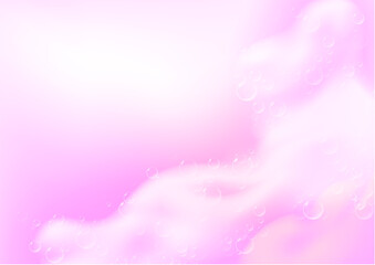 Beautiful bright background with Bath pink foam and empty place for your text. Shampoo bubbles texture. Sparkling pink shampoo and bath lather. Vector realistic illustration.