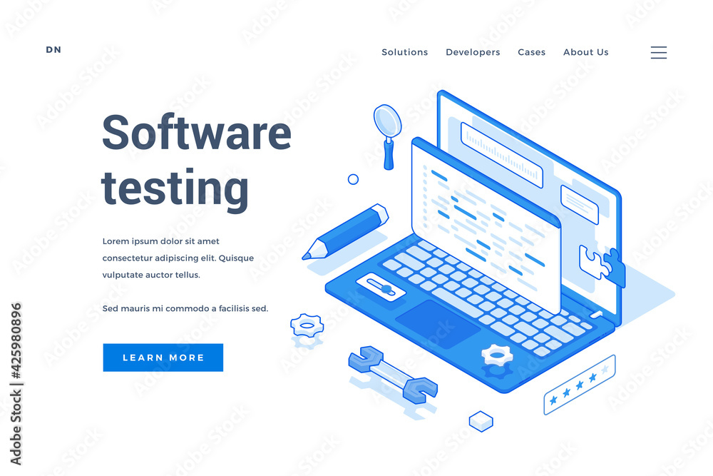 Poster contemporary elements of laptop and tools for web page offering information about modern software te