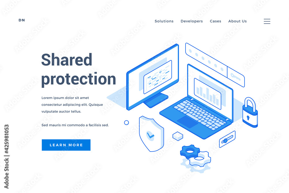 Aufkleber blue three dimensional icons of computer and laptop with safety elements on homepage of website abou
