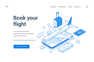 Vector banner of contemporary website with icons of mobile phone and airplane with tourist items offering information about booking flight. Isometric web banner, landing page template
