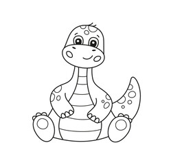 Cute little dinosaur for kid coloring book. Baby brontosaurus. Children puzzle game. Black and white cartoon vector illustration on white background