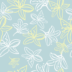 Fototapeta na wymiar Hand-drawn floral background. Vector seamless pattern in doodle style. Yellow and white flowers on a gray background.