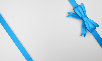 Blank white background with blue diagonal ribbons and bow in the corner. 3d rendering - obrazy, fototapety, plakaty