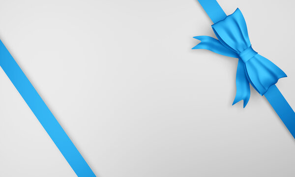 Blank white background with blue diagonal ribbons and bow in the corner. 3d rendering
