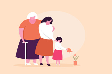 A little girl with her mother and grandmother watering a plant. Concept for Mother's Day