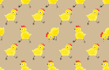 Seamless pattern of funny yellow chickens. Hand-drawn watercolor texture with cute birds on a beige background. Perfect for textiles, prints, packaging, wallpaper, scrapbooking and children's design.