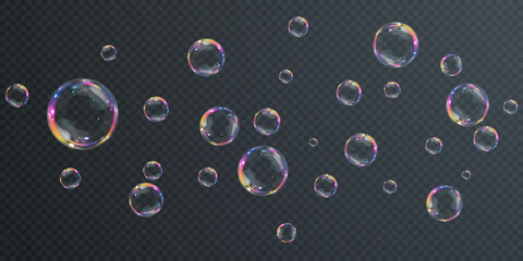 Collection of realistic soap bubbles.Bubbles are located on a transparent background.  Vector flying soap bubbles.  Bubble PNG. Water glass bubble realistic png	