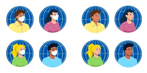 Fototapeta premium Portraits of people of four different ethnicities with and without medical surgical masks, each on the background of globe. Diversity social concept. Editable avatar, infographic cartoon vector set