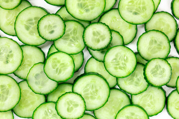 Cucumber background, overhead flat lay shot of cucumber slices