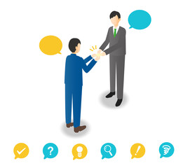 アイソメトリックイラスト ビジネスマンの名刺交換 吹き出しアイコン付き