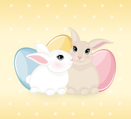 Obraz na płótnie Canvas cute Easter bunnies with colorful eggs on background