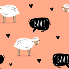 Seamless pattern with cute with white fluffy sheep. Background with farm animals. Wallpaper, packaging. Flat vector illustration