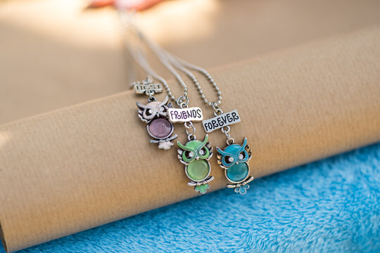 Pendant best friends forever owls three parts necklace shoot outside in a sunny day closeup. Selective Focus. High quality photo