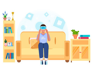 3d. The character is sitting on the couch wearing virtual reality glasses and playing a game. The concept of using new technologies. Cartoon drawing.