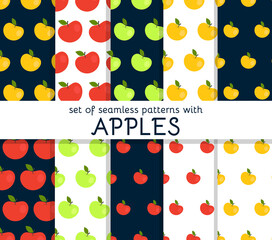Set of seamless patterns with apples. Fruits, vitamins, healthy food. Simple illustration in flat cartoon style