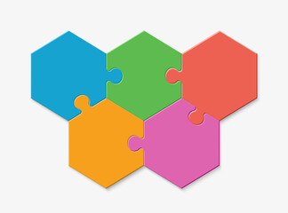Five pieces of a hexagon puzzle. Hexagonal mosaic infographics.