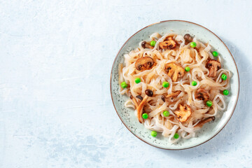Konjac pasta with vegetables, shot from above