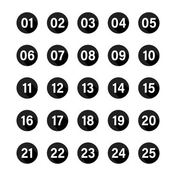 Numbers with long shadow on black circles set. Vector flat illustration.