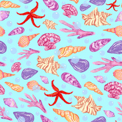 Seashells and starfish on a blue background, seamless summer beach print. 