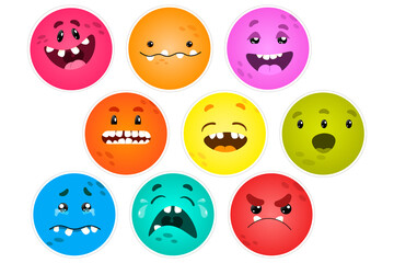 Emoji Set, Cartoon monsters emoticons, cute emotional stickers, mascot vector messages with different feelings - happy, cheerful, angry, sad, nice, surprised, crying, laughing expressions smileys 